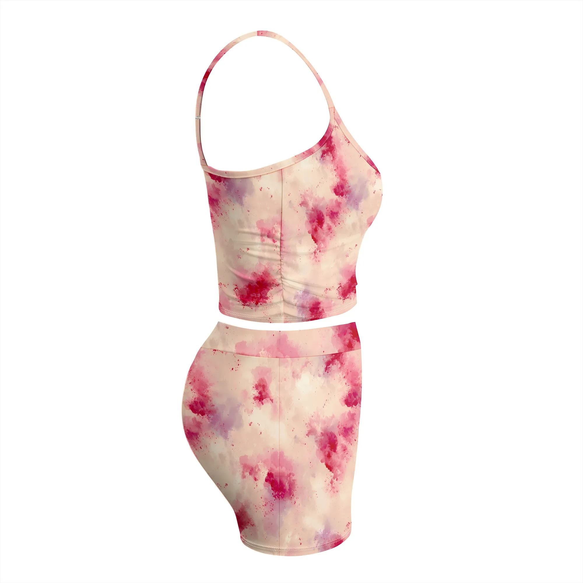 Tie Dye Print Cami Top And Shorts Set, Pink Purple Gradient Pattern Loungewear, Summer Casual Sleepwear For Women, S-2XL