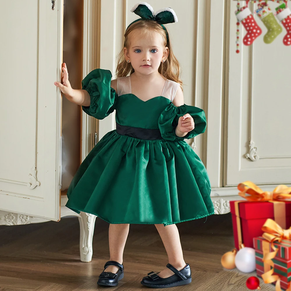 Baby Christmas Dress for Girls Toddler Princess Shoulderless Green 1st Birthday Kids Party Dresses for Girl Wedding Xmas Evening