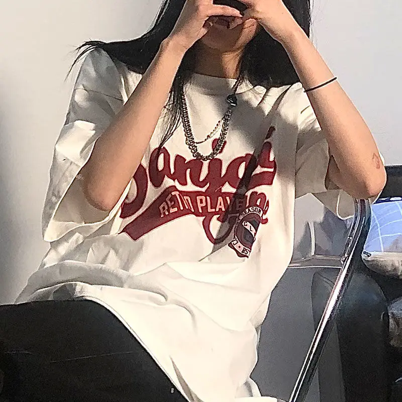 Summer Fashion Women's T Shirt Vintage White Short Sleeve Harajuku Tees Streetwear Korean Top Oversized Loose Y2k