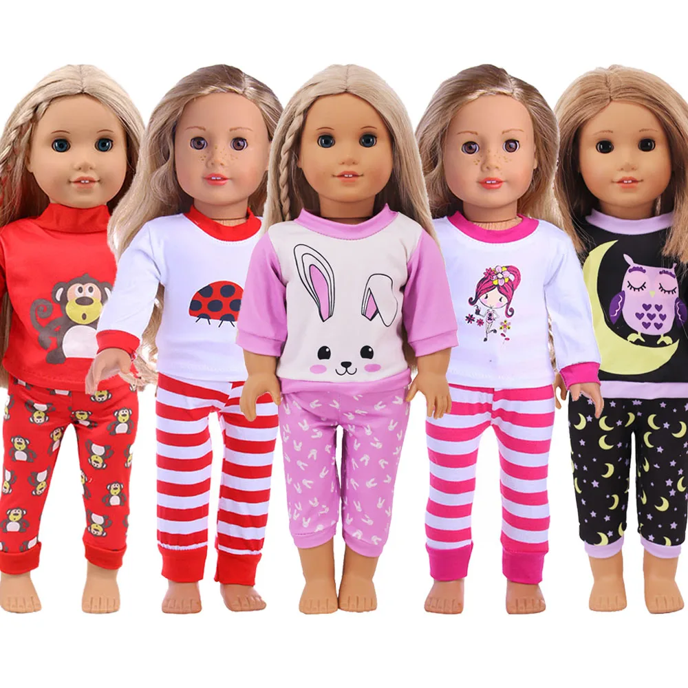 Pijama de boneca e camisola com estampa fofa, 15 estilos, tamanho 18 tamanhos, boneca americana e boneca de 43cm, acessórios de geração, brinquedo de meninas