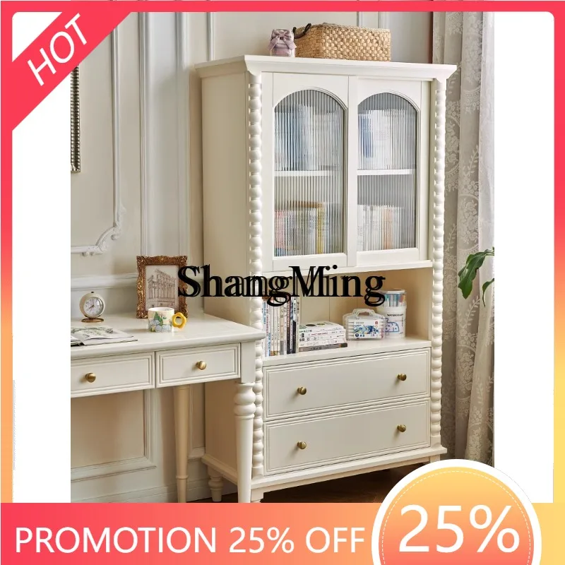

FG white cream wind solid wood bookcase light living room wall with glass door wine storage display cabinet