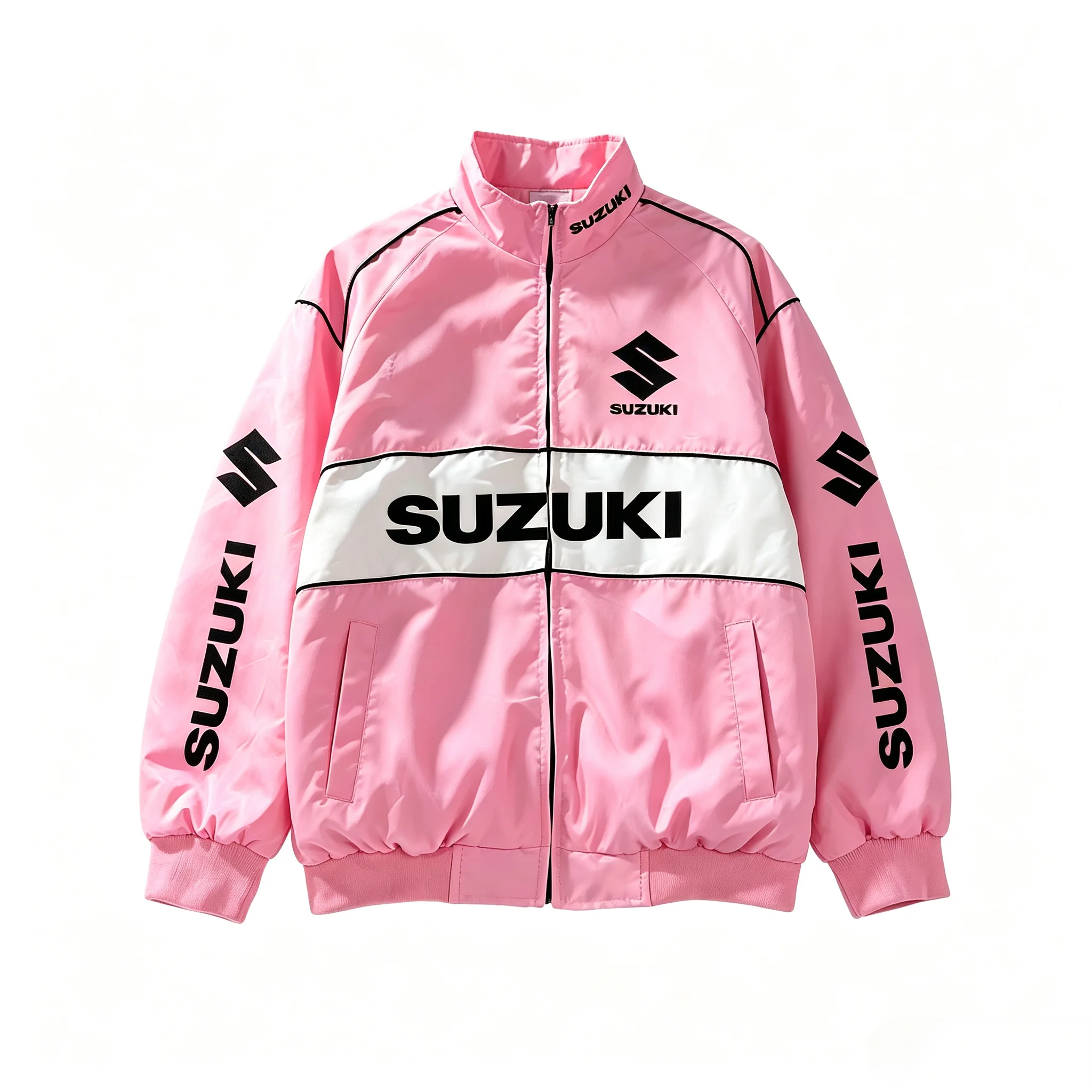 Unisex Pink SUZUKI Racing Full‑Zip Bomber Jacket 3D Print Motorcycle Sport Color Block Oversized Windproof Outerwear Coat