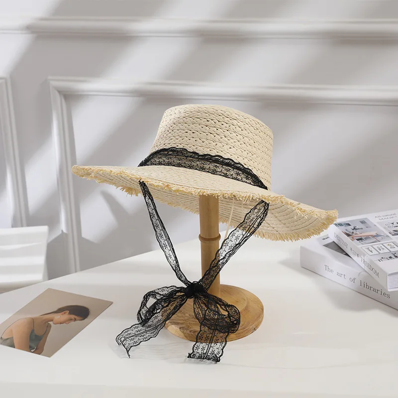 Summer Women Sun Hats Handmade Woven Straw Hat with Lace Ribbons Flat Top Holiday Sunscreen Beach Cap Vacation Hat