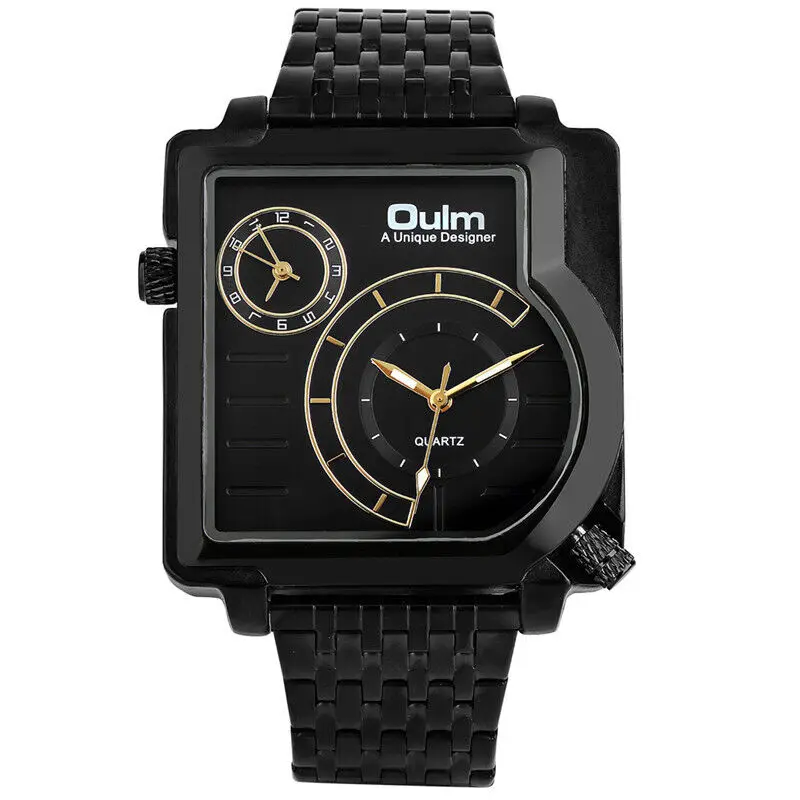 Dual Time Zone Casual Mens Watch Oulm Military Army Quartz Analog Wristwatch Full Steel Band