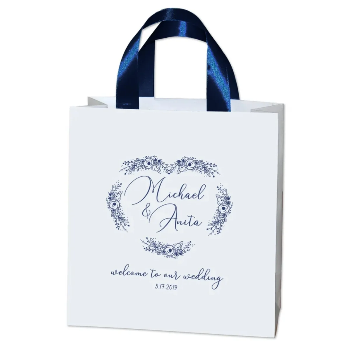 

Темно-синие персонализированные свадебные сумки для приветствия с ручками из атласной ленты и именами, элегантные свадебные сувениры «Спасибо» для гостей