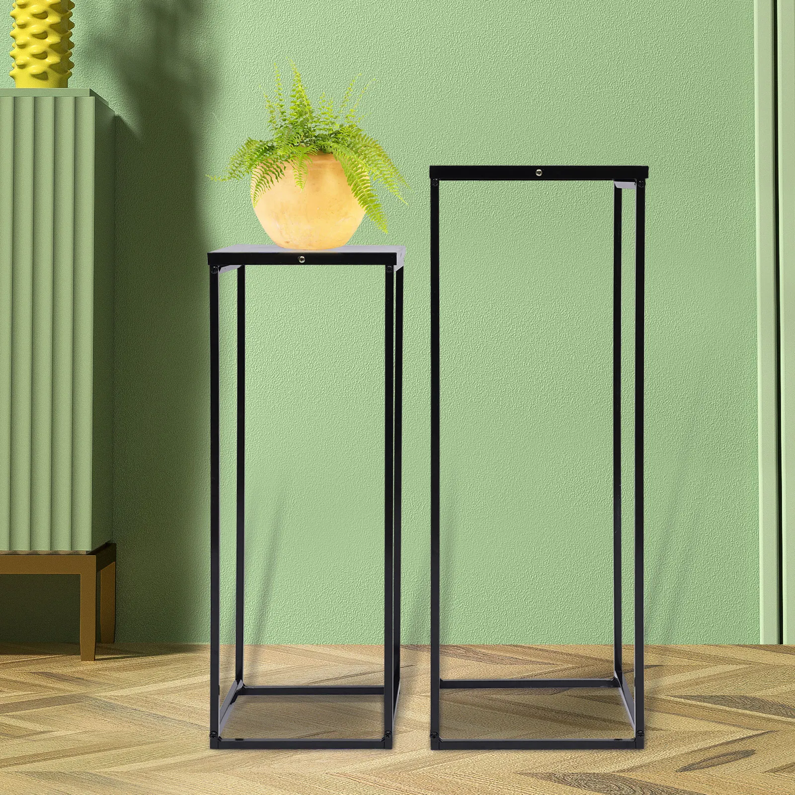 2-Piece Flower Pot Holder Black Metal Stand Square Flower Rack Indoor & Outdoor Simplicity Decor