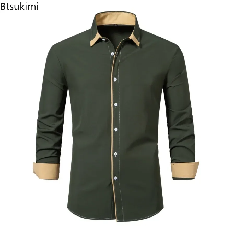 2025 Nowe wiosenne koszule z długim rękawem Moda męska Biznesowe koszule casualowe Slim Button Lapel Patchwork Social Shirt Tops Męskie