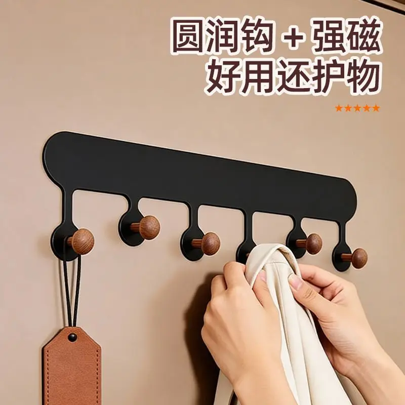 Magnetic Door Hook Rack With 6 Wooden Round Hooks, Black Heavy Duty Wall Mounted Hanger For Coat Bag Towel, No Drilling Hanging
