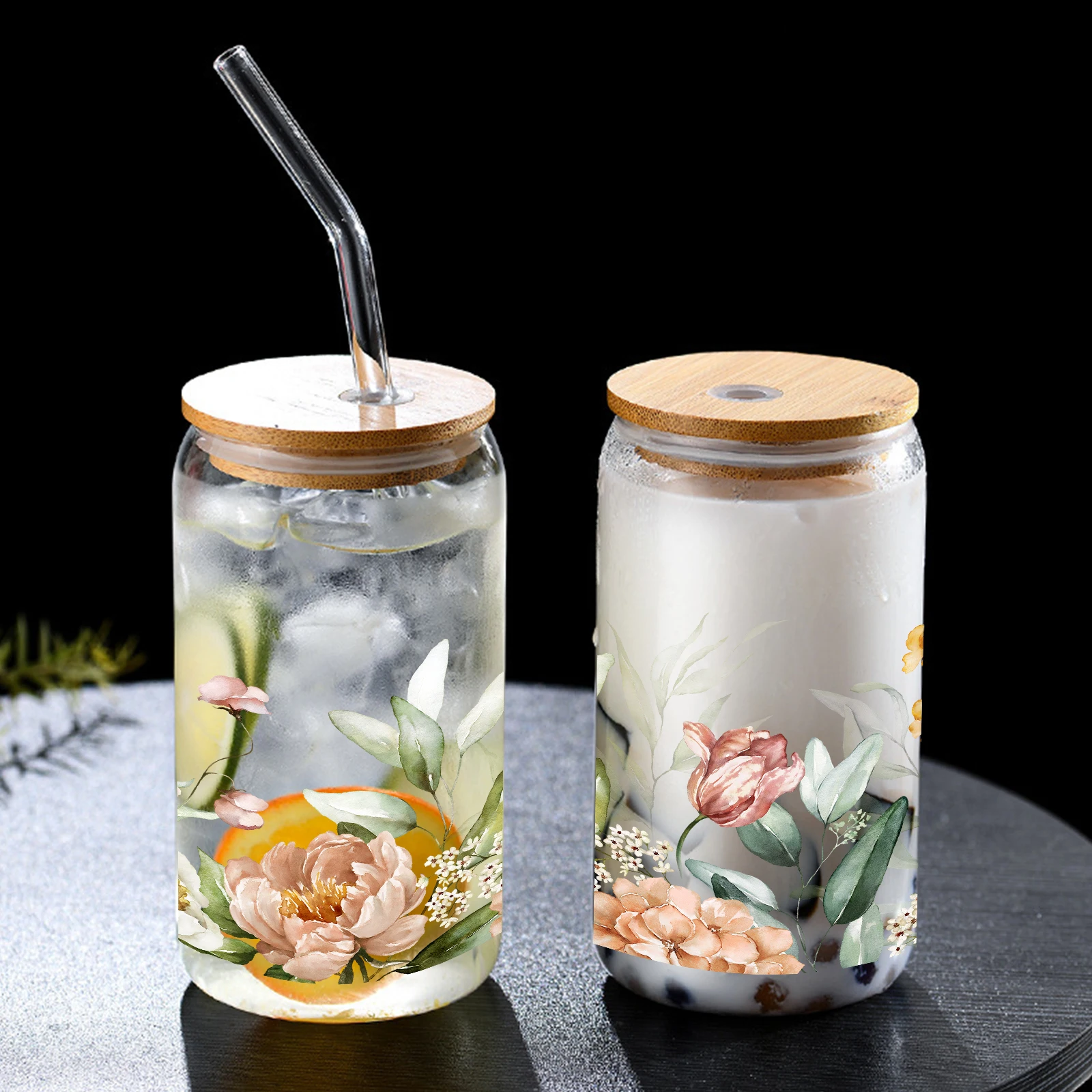Tropical Leaf 3d Pattern 16oc Libbey Glass Tumbler 16oz Sublimation Glass Can With Lid&Straw Coffee Glass Mug Holiday Glass Can