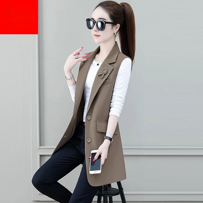 Streetwear Design Slim Sleeveless Blazers Coats Women Casual Elegant Vests Outerwear Classic Mid-length Waistcoat Blazer E47