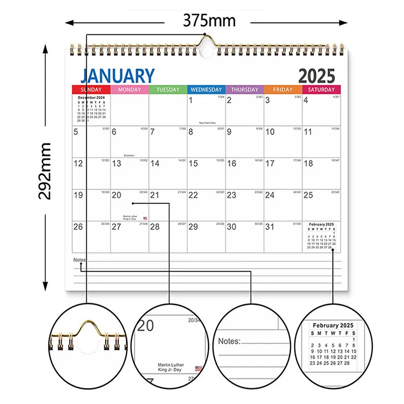 Calendario colorato 2025 Calendario da appendere 12 mesi Pianificazione internazionale dell'ufficio delle vacanze Pianificatore da scrivania Forniture per ufficio