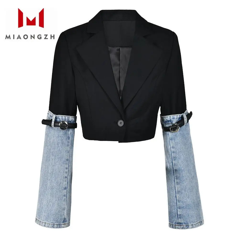 

Hit Color Patchwork Denim Coats Women Notched Spliced Belt Long Sleeve Short Jacket Tops Luxury Designers Autumn Female Clothing