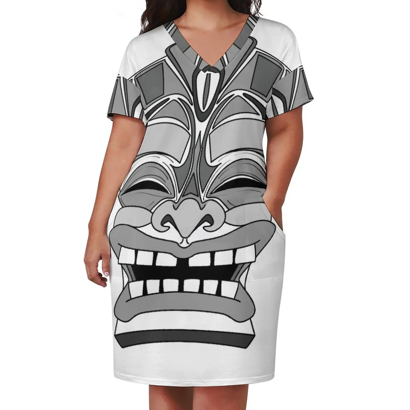 Smiling Tiki-Mask Loose Pocket Dress Dress women Elegant gowns birthday dress party women elegant luxury