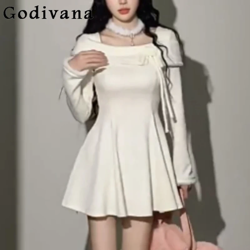 

Elegant French White Square Neck Long Sleeve Knitted Dress Autumn Winter New High Waist A-line Versatile Sweater Bottom Dresses
