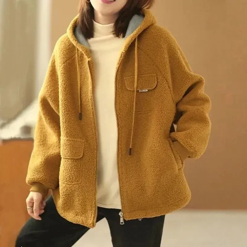 Spring Autumn New Women Jacket Thickened Hooded Casual Loose Sweater Hoodie Lamb Fur Coat Fur All-In-One Grain Velvet Tops Femal