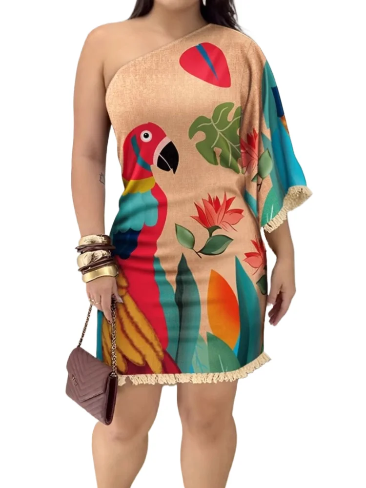 

Boho Print Mini Dress For Women Fashion One-Shoulder Off Shoulder Dresses Lady Casual Holiday Summer Elegant Womens Clothing New
