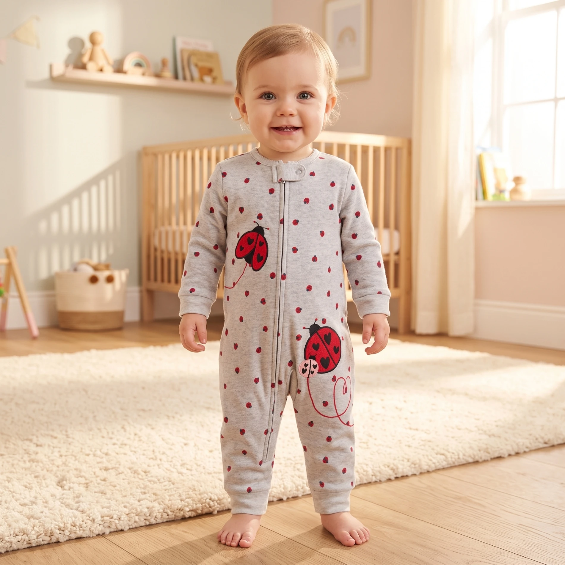 Doppelseitiger Baumwoll-Reißverschluss-Strampler für Babys, Mädchen, mit Einhorn- und Marienkäfer-Stickerei, Allover-Print, Ganzjahres-Baby-Jumpsuit, 6-24 Monate – Detail 3