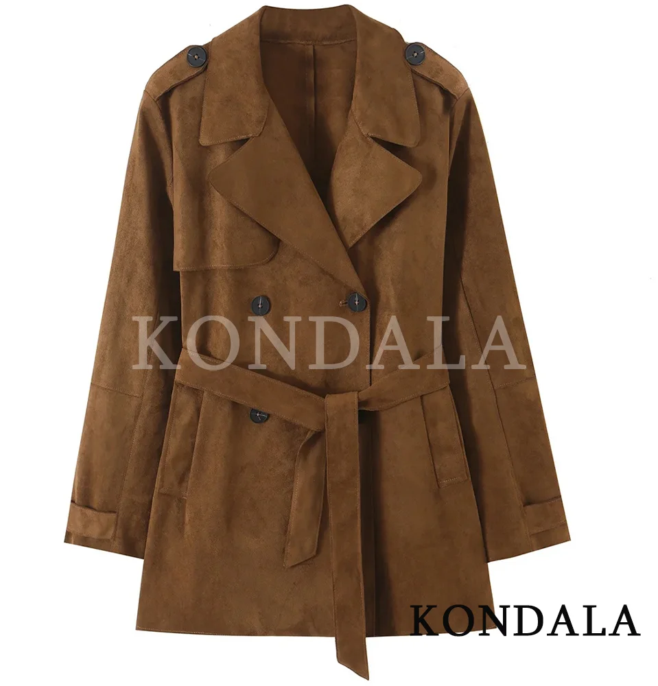 KONDALA Women Commute Vintage Belt Coat Faux Suede Double-breasted Long Blazer 2026 Fall Winter Trendy Casual Street Style Coat