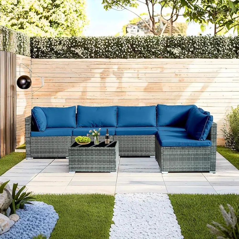 

7-piece Outdoor Courtyard Furniture Set, Rattan Combination Sofa, Equipped with Washable Cushions and Glass Coffee Table