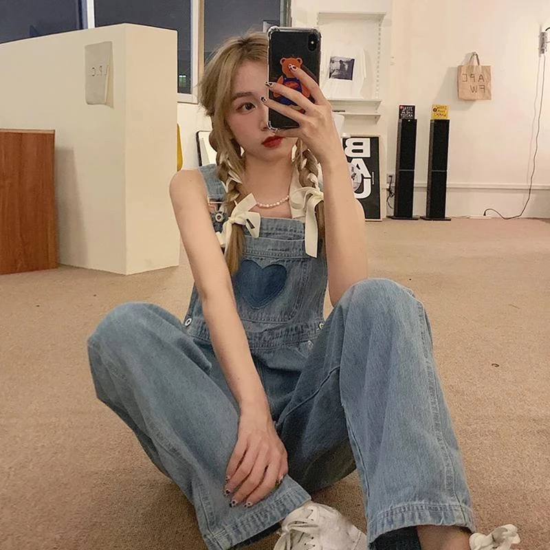 MEXZT Vintage Denim Overalls Women Streetwear Sweet Cute High Waist Wide Leg Jumpsuit Student Harajuku Casual Suspender Pants