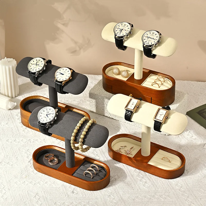Oirlv Solid Wood Watch Organizer Shelf T-bar Watch Holder Organizer Showcase Bracelet Bangle Jewelry Display Stand Watch Storage