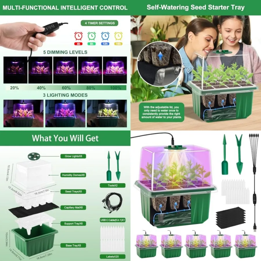Seed Starter Tray with Light, 6 Packs Plant Starter Tray Seedling Starter Kit with Humidity Domes Base Indoor Mini Greenhouse f