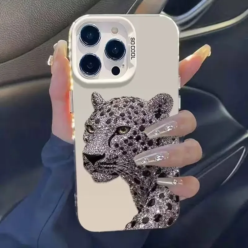IMD Holographic Silver Phone Case For iPhone 18 17 16 15 14 13 12 Pro XS Max X XR Plus Mini Air Diamond Leopard Print Back Cover view 3