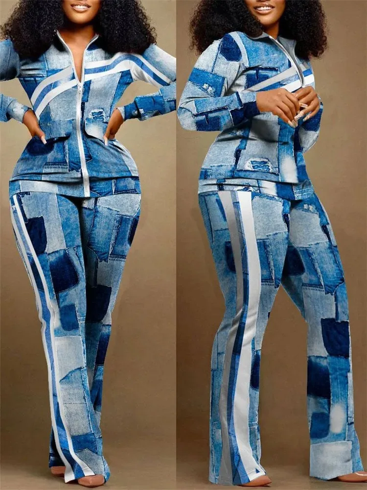 

2023 Autumn Two Piece Sets Womens Geometric Print Zip Up Top & Pants Set Outifits Fashion Tracksuits Casual Elegant