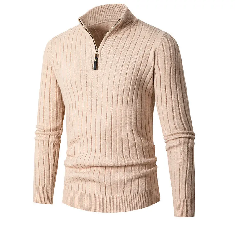 Pullover rajutan kasual pria, warna murni semi-kerah tinggi ritsleting dasar Pullover Turtleneck Pullover wol