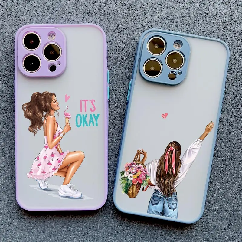 Cute Cartoon Hand Drawn Beautiful Girl Phone Case for iphone 13 11 12 Mini Pro Max 15 14 Pro Max X XR XS 7 8 Plus SE2 Back Cover