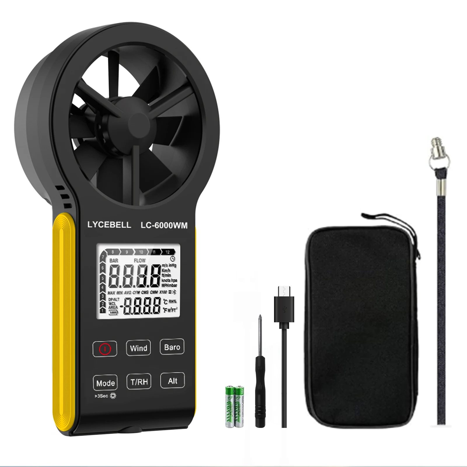 

7-в-1 Анемометр Ручной CFM-метр для скорости ветра, атмосферного давления, охлаждения ветра, температуры, влажности, высоты