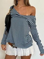 Cuteandpsycho Striped Print Y2K Shirts for Women Long Sleeves Aesthetic V-neck Outfits Chic Vintage 2000s Cute Fashion Clothes