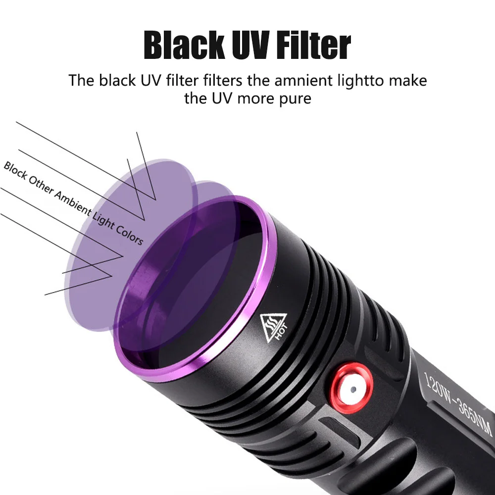 Imagem -03 - Lanterna uv Recarregável para Marcador de Mancha Alta Potência Blacklight Dinheiro Escorpião Lâmpada de Verificação Fluorescente Gato e Cão 60w 80w 120w 365nm