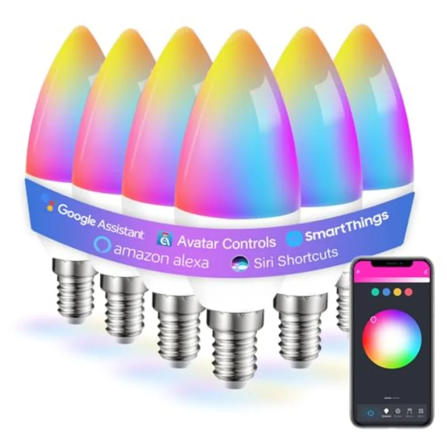 

Smart Bulbs Alexa WiFi Candelabra Smart Light Bulbs 5W 700K-500K Color Changing Dimmable RGBCW Music Timer Ceiling Fan Smart B1