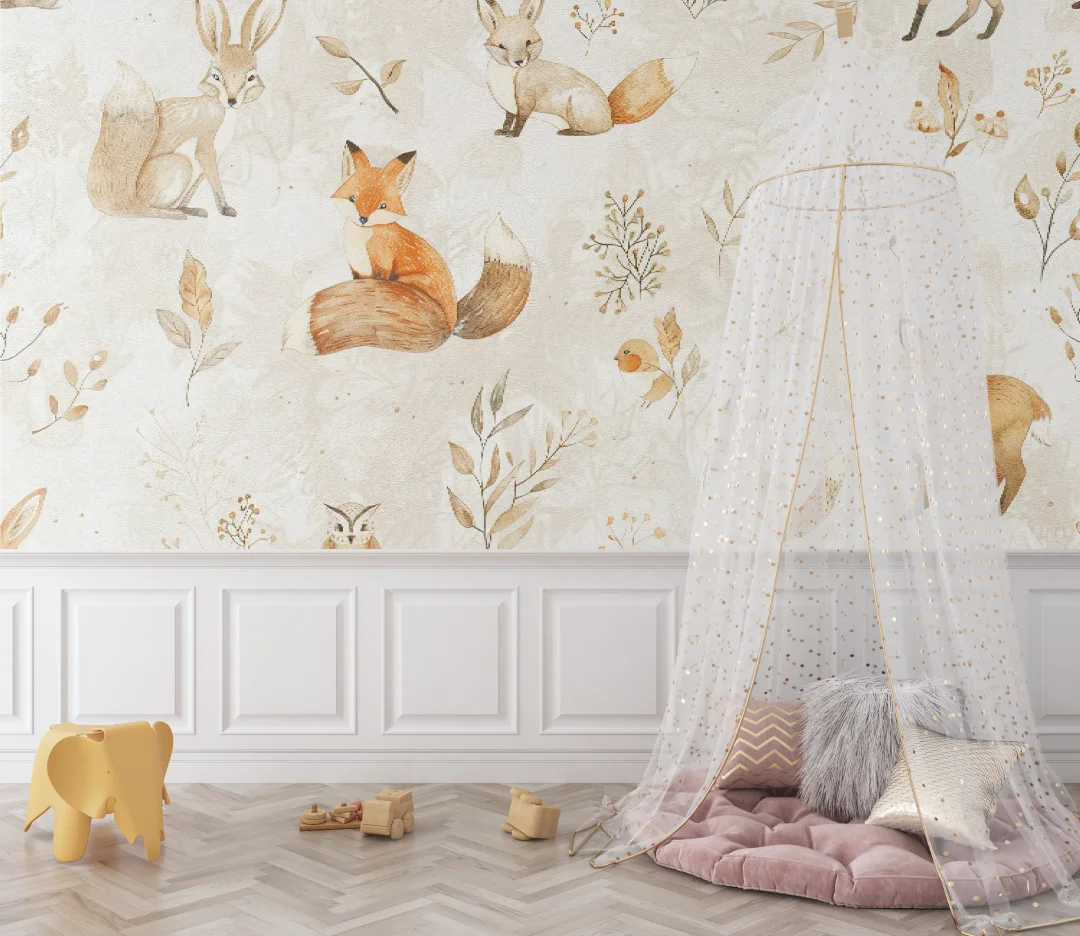 Customized baby Room Mural cartoon Animal Fox butterfly Children's Room Mural Kindergarten baby Room 3D Wallpaper