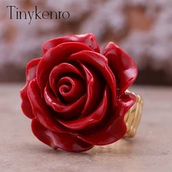Lacquer carved cinnabar red rose shaped adjustable ring