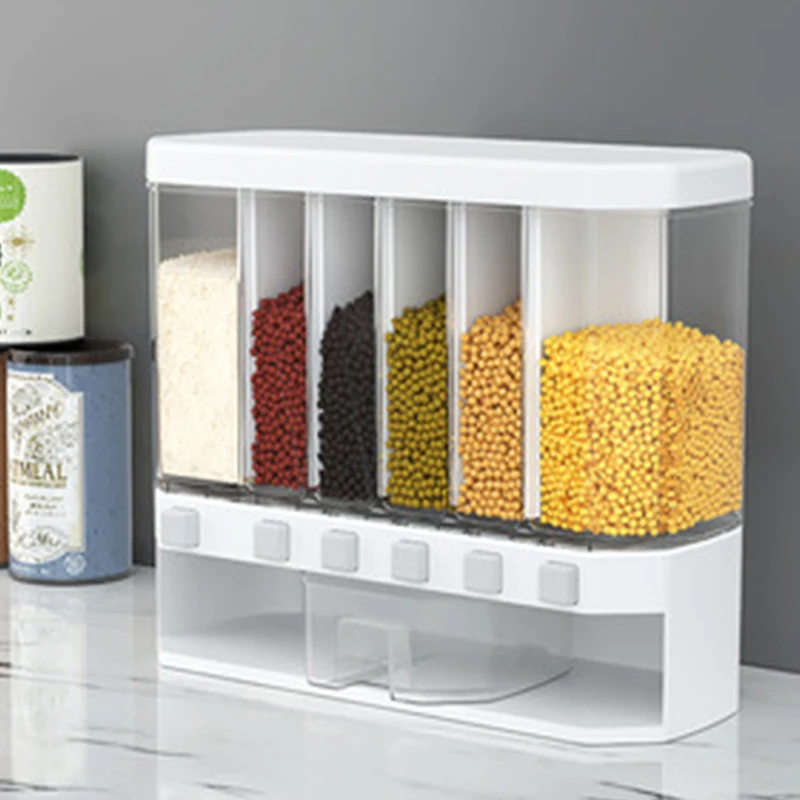 

Wall Mounted Divided Rice and Cereal Dispenser 6 Moisture Proof Automatic Racks Sealed Food Storage Box Rice Storage Container