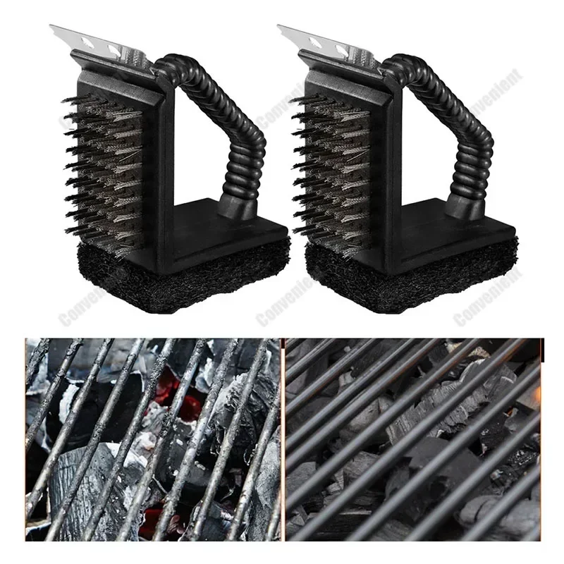 

3-in-1 BBQ Grill Cleaning Brush For Grime For Grill Tools Sponge Shovel Long Cleaning Brush With Scraper Garden Grilling Access