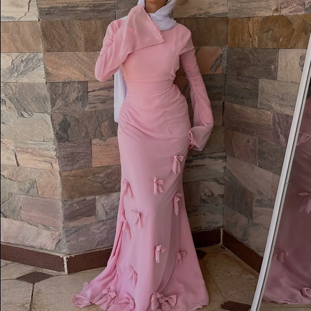 

Customized A-Line Evening Dresses Floor-Length O-Neck Full Sleeve Prom Gown Simple Fashion Bow Draped Casual Party Gown