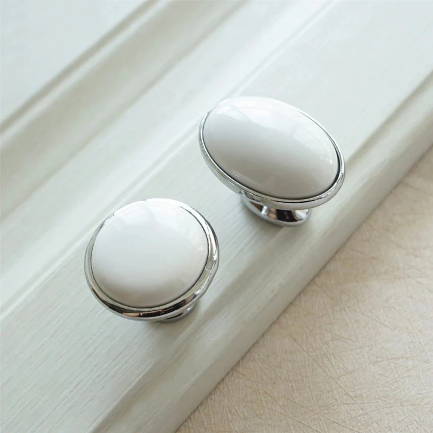 White Ceramic Cabinet Handles Modern Chrome Silver Wardrobe Pulls Round Cupboard Door Knobs Zinc Alloy Furniture Hardware