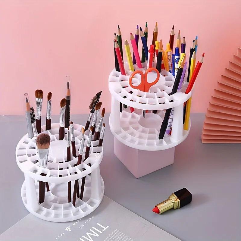 1pc Makeup Brush Storage Rack, Multi-hole Pencil Holder, 49 Grids, Large Capacity, Round Pen Holder, Plastic Painting Pen Holder