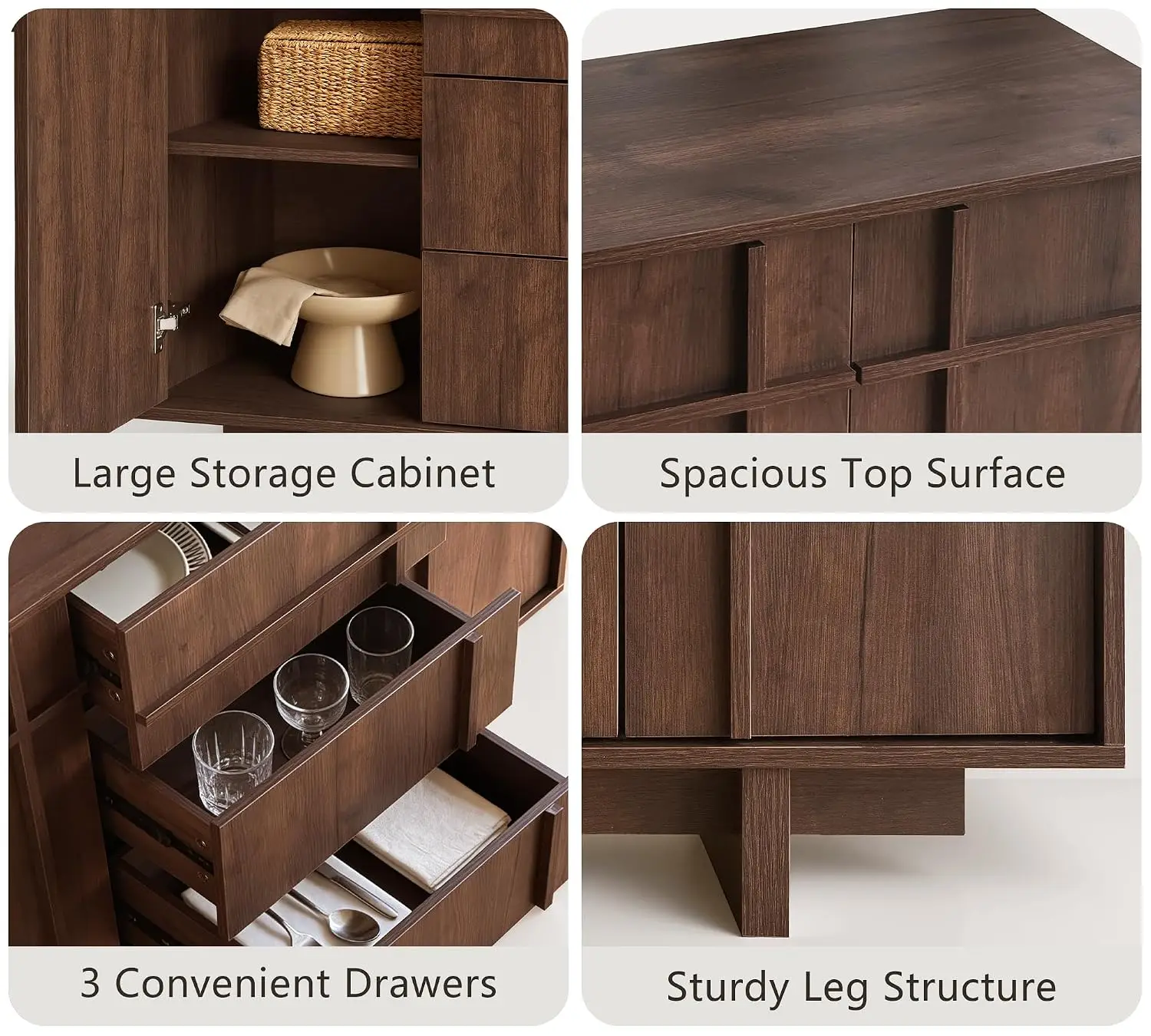 Walnut Sideboard Cabinet with Skeleton Line Design & Storage, 47.2