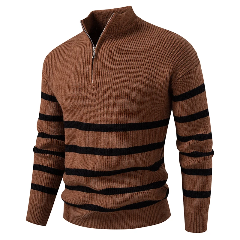 

2025 Striped Knitting Pullovers Men Autumn Winter Half High Zipper Long Sleeve Slim Fit Knitwear Man Pull On Casual Sweater Tops