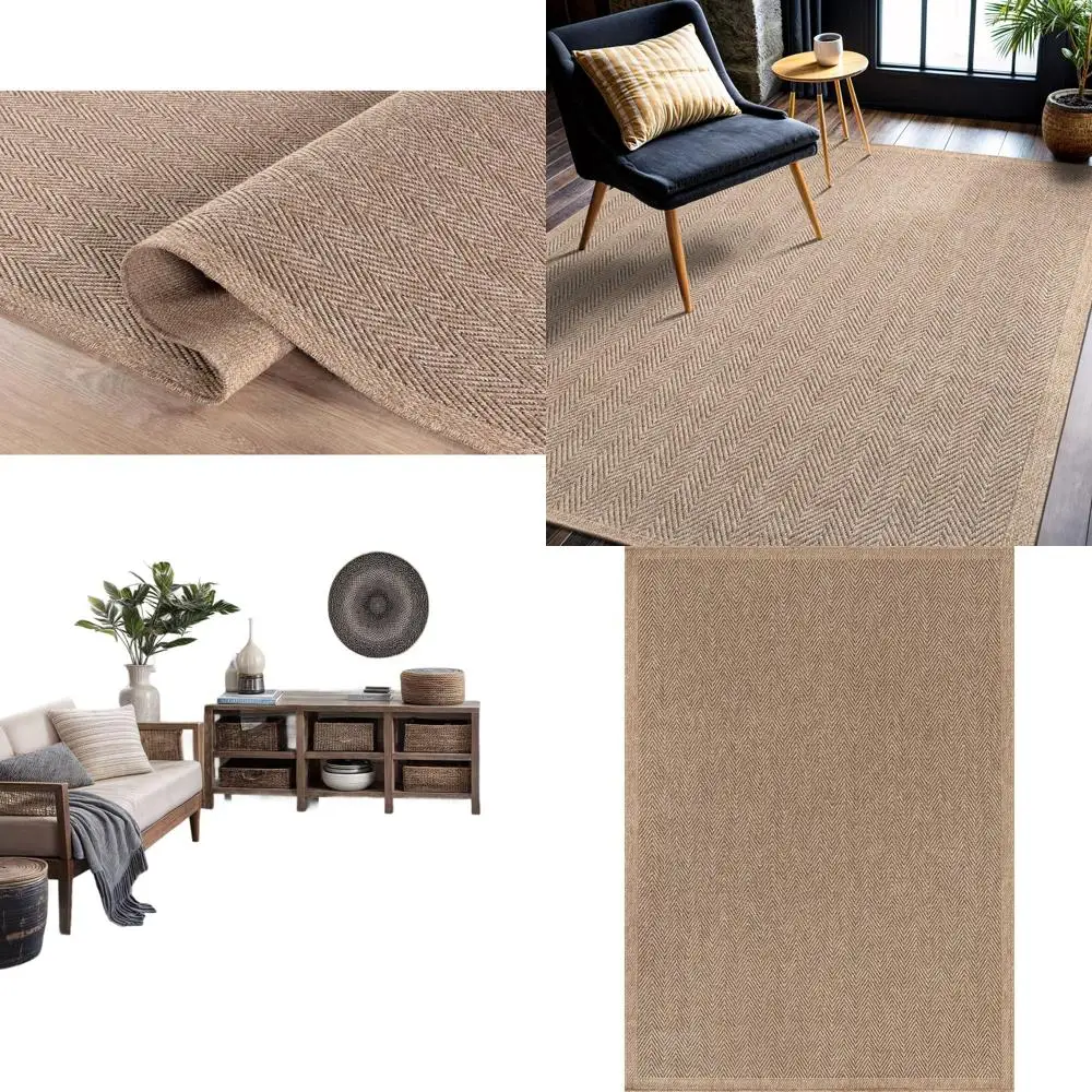 Alfombra de yute de fibra natural 5x7, diseño de algas marinas en espiga para uso interior/exterior, sala de estar fácil de limpiar, patio, alfombra de cocina