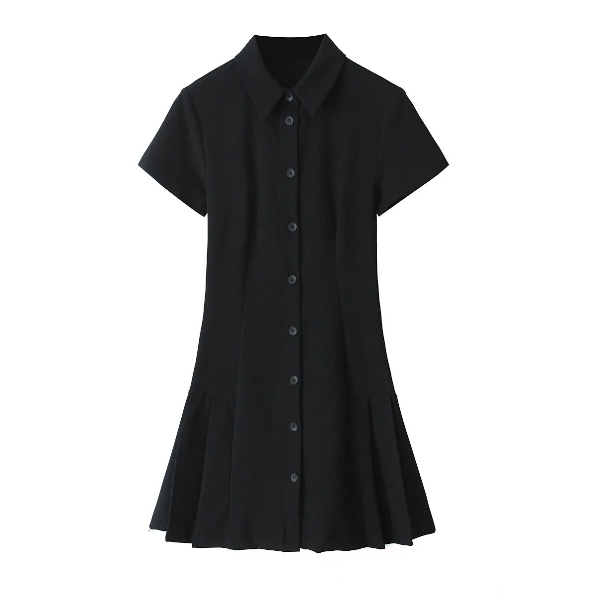  Women's Vintage Fashion Black Short Sleeve Shirt Dress Solid Color Mini Dress Fashion Office Ladies Ruffle Dress 2024Summer