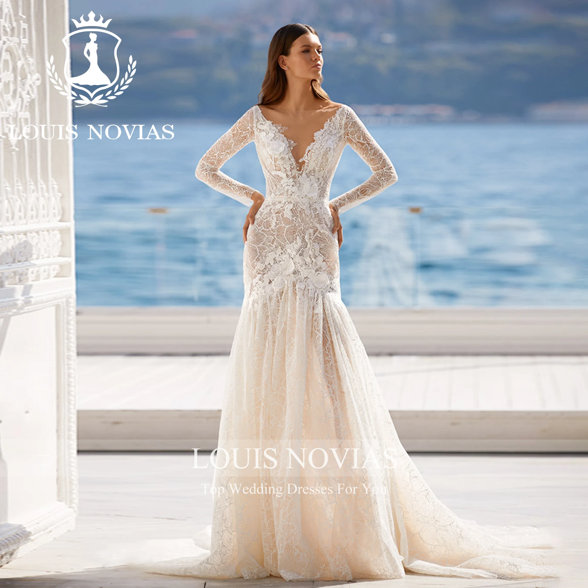 LOUIS NOVIAS-Vestidos De Novia De sirena para mujer, sexys y elegantes apliques De flores 3D, vestido De Novia De trompeta con espalda descubierta, Vestidos De Novia