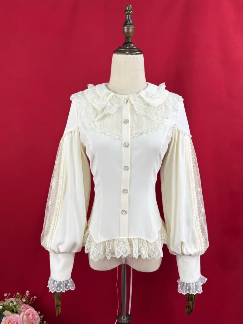일본 로리타 스타일 레이스 인형 칼라 블라우스, 긴팔 셔츠, 슬림핏 상의, 싱글 브레스트 블라우스, 오리지널 스위트 Y2k 여성