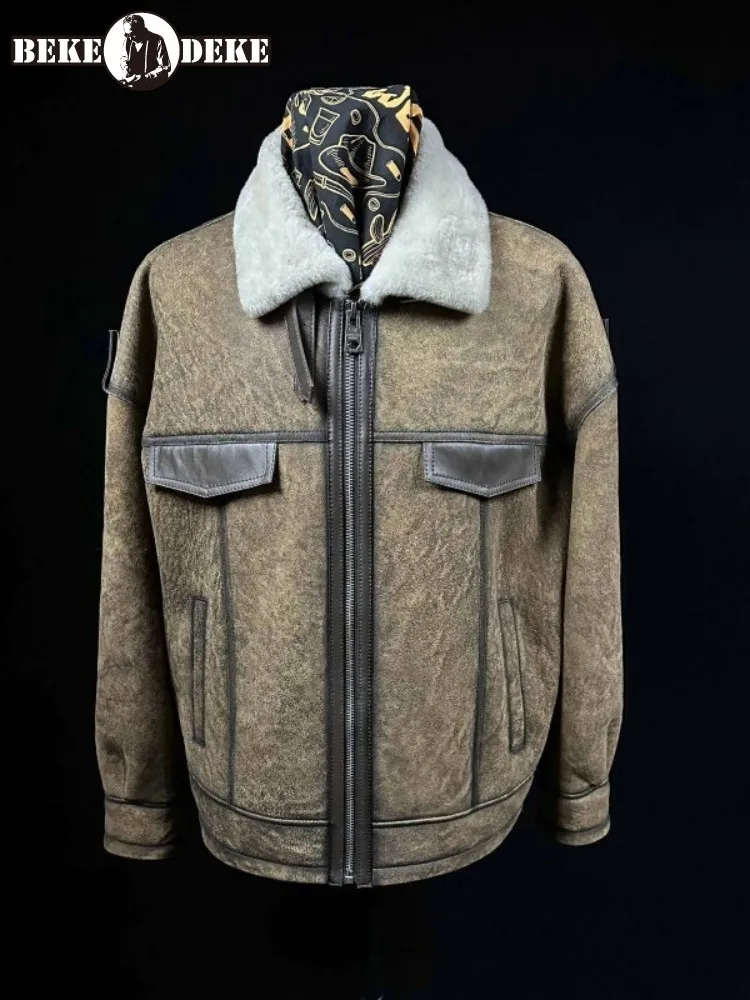 Mens Real Fur New Winter Vintage Casual Thicken Warm Shearling Coat High Quality Oil Wax Sheepskn Genuine Leather Pilot Jacket