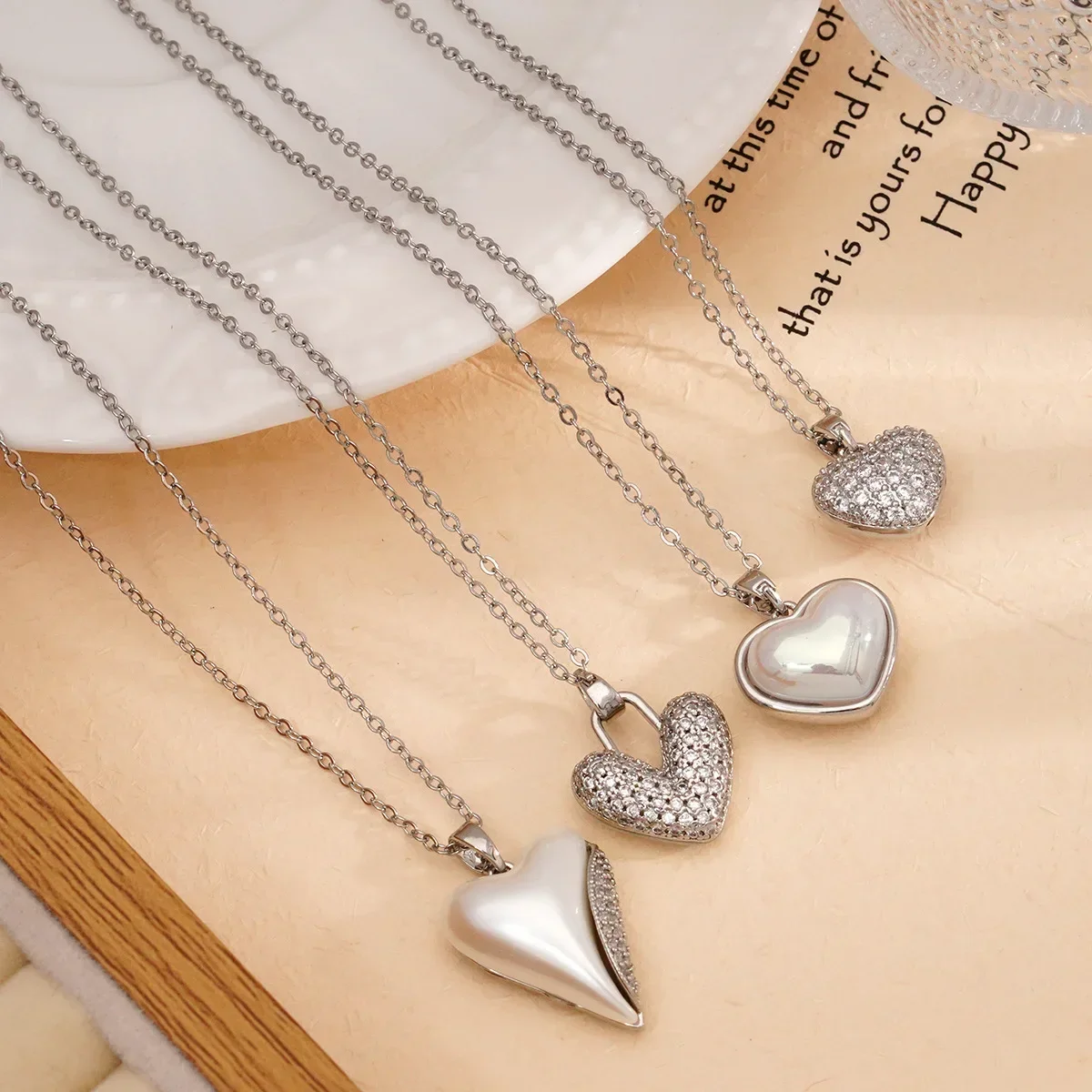 Creative 2 Sides Zircon Heart Pendant Necklaces for Women Girls Stainless Steel Chain Vintage Heart Jewelry Gifts for Friends