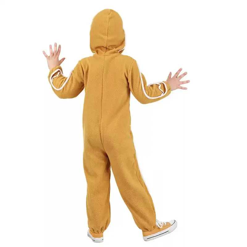 Kids Gingerbread Man Cosplay Jumpsuit Hooded Costume for Christmas Holiday Halloween Party Role‑Play Fancy Dress Outfit
